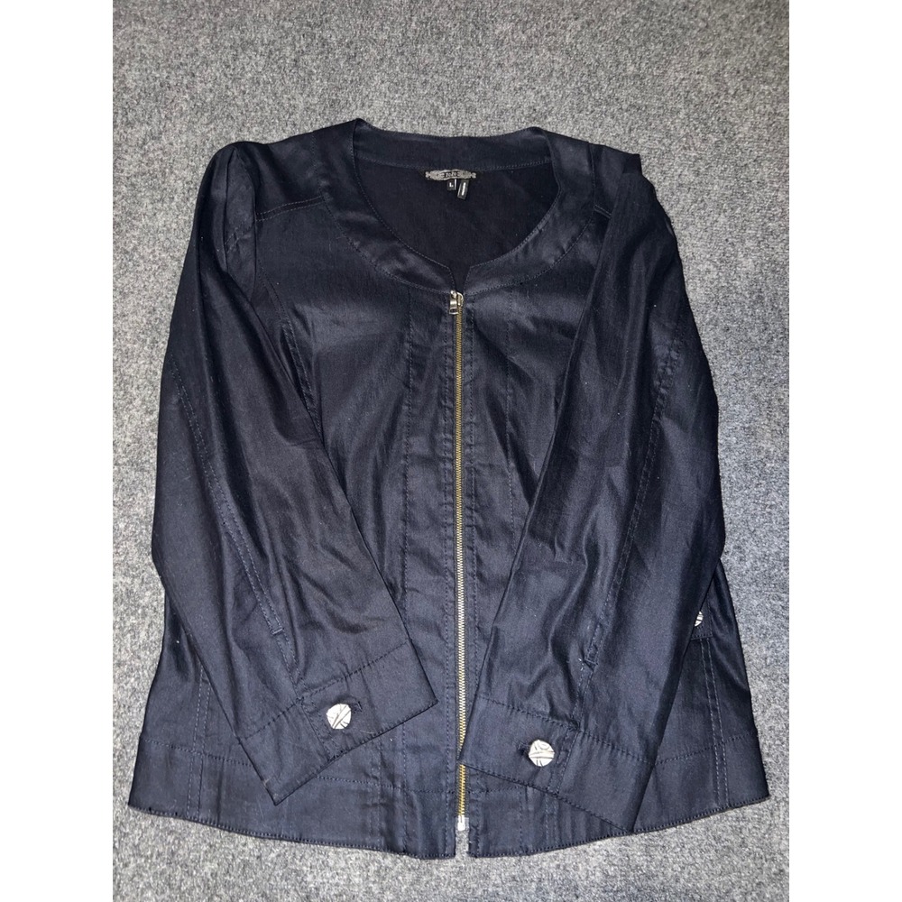 Zozo Womens Black Linen Blend Zip Front Jacket Size Large L 3/4 Sleeve